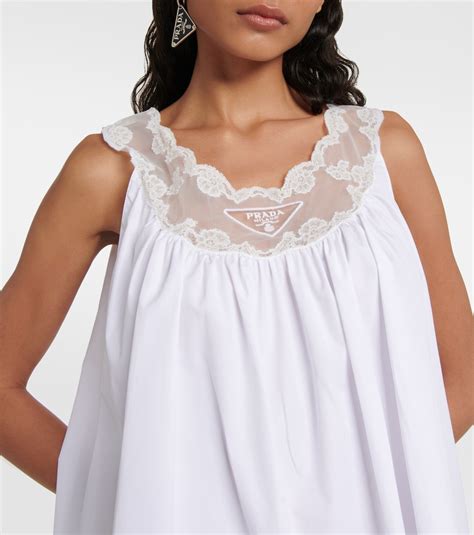 prada embroidered poplin and lace dress|Embroidered cotton poplin minidress in white .